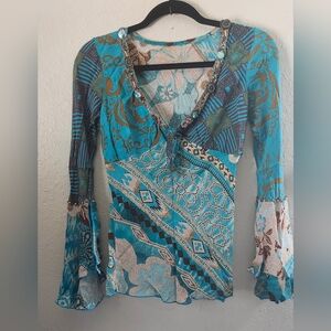 Elegant Turquoise and Brown Patchwork Blouse